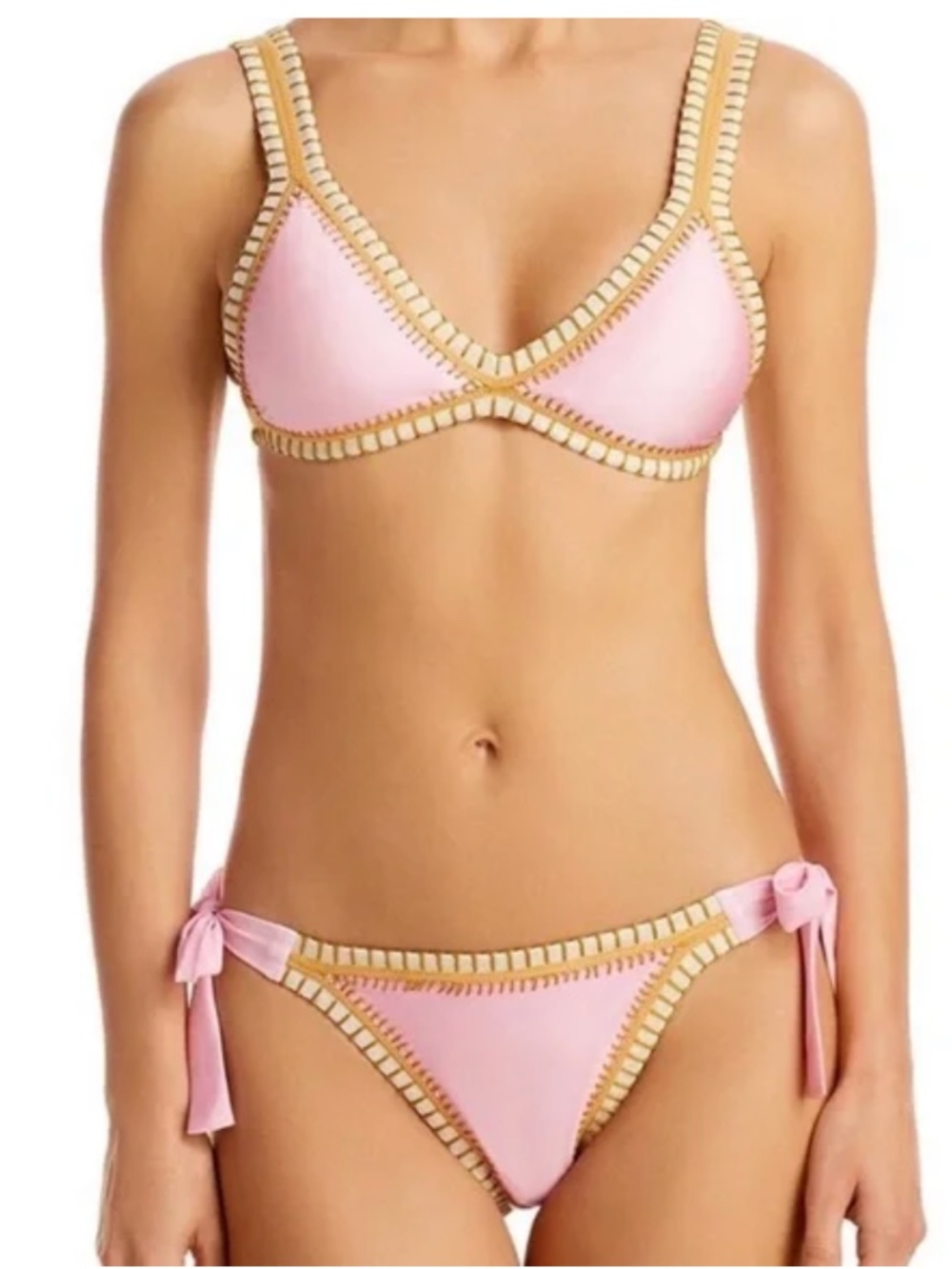 Platinum swimwear bikini pink with‎ gold crochet trim M